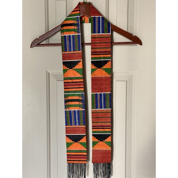 Kente African Stole Cloth Fabric Bright Colorful w/ Fringes 51 Inches Long - Picture 3 of 4